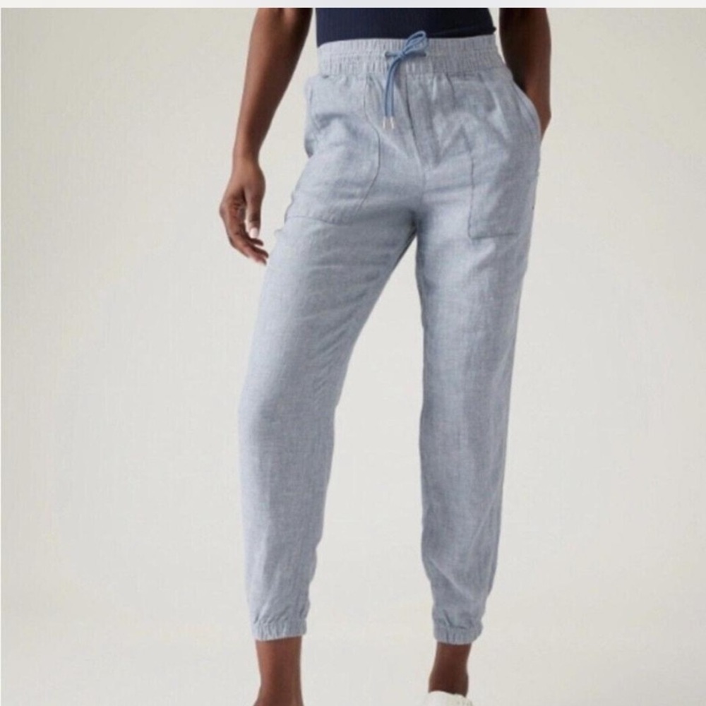 Athleta Cabo 100% Linen Blue Chambray Joggers 2